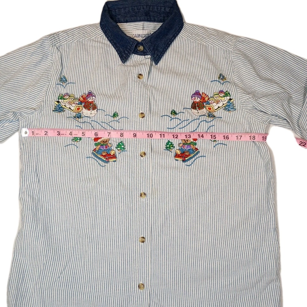 VTG Denim Winter Christmas Snowman Bear Embroidered Button Up Shirt‎ Sz S 90s - Picture 7 of 8